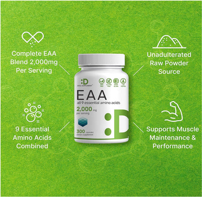 Essential Amino Acids Supplement EAA - 2000Mg All 9 - High Potency 300 Capsules