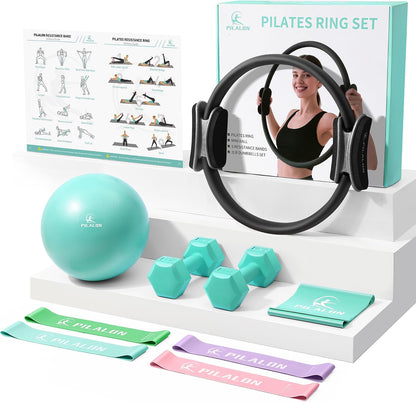Pilates Ring Set - Studio-Grade Anti-Deformation Pilates Kit - Pilates Equipment for Home Workout - 14'' Pilates Ring, Pilates Ball, 2 Dumbbells, 5 Resistance Bands for Toning Arms, Thighs