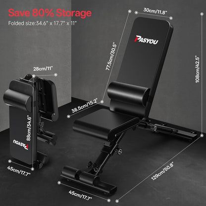 Adjustable Weight Bench, 660LB Capacity Foldable Workout Bench, Incline Flat Bench Press for Home Gym, Dual-Frame Strength Training Bench, No Assembly Required, Wider Seat