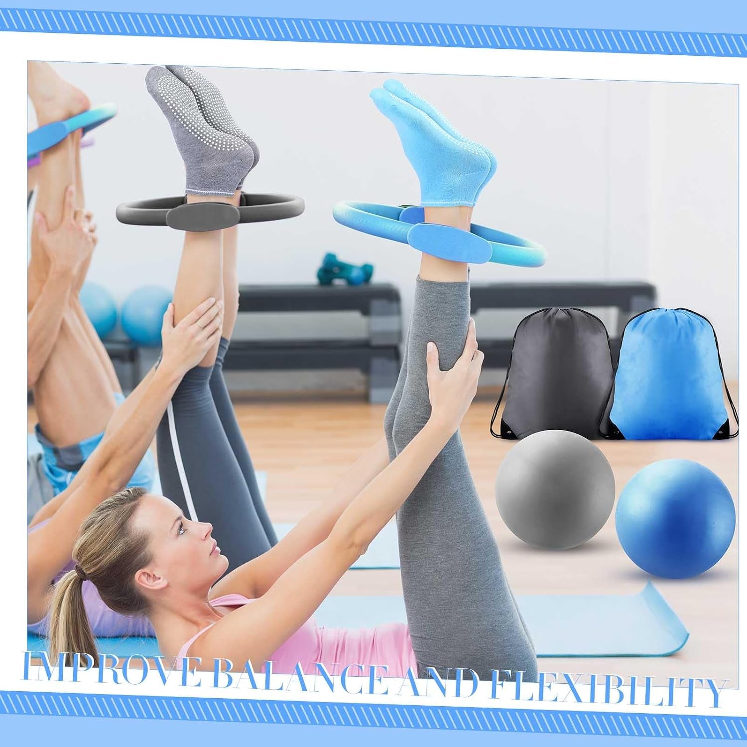 Pilates Equipment Kit for Home Workout Pilates Ring and Ball Set for Women 12'' Circle Yoga Fitness Essentials Kit with Resistance Bands, Yoga Strap, Socks,Bag