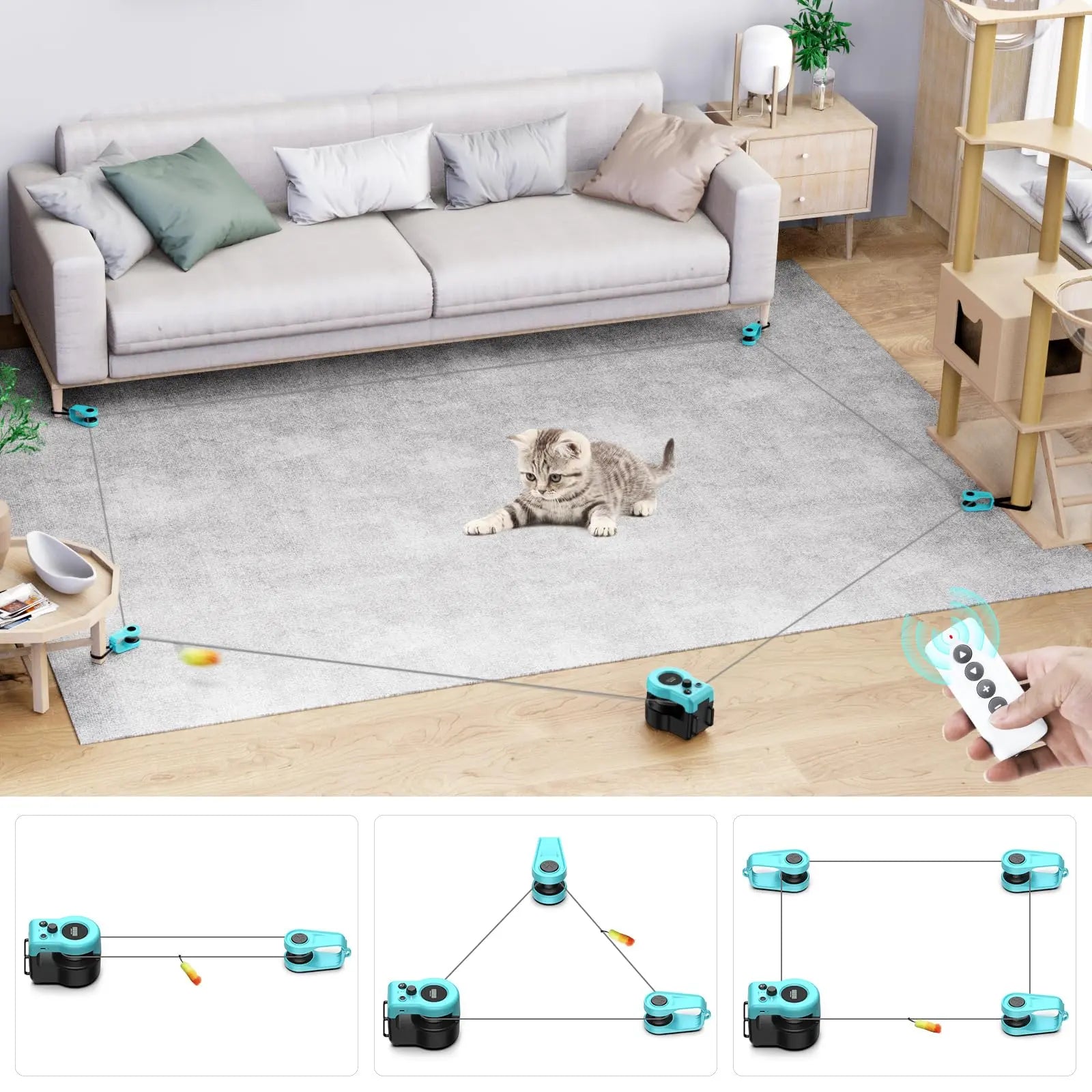 Asfrost Automatic Hands-Free Cat Teaser Toy - Interactive Indoor Cat Accessory with Remote, Auto Function, Feather Clip, DIY String, Moving Mouse Lure, USB-C Rechargeable for Bored Kittens Bore