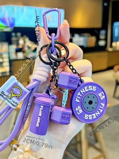 4-Piece Sporty Barbell Keychain Set, Keyrings, Hand-Woven Fitness Keychains, Fashionable Unisex Gym Accessories, Perfect Gift Choice, Stylish & Versatile Fitness Bag Charms with Woven Ropes and Dumbbell, Keychain for Bags