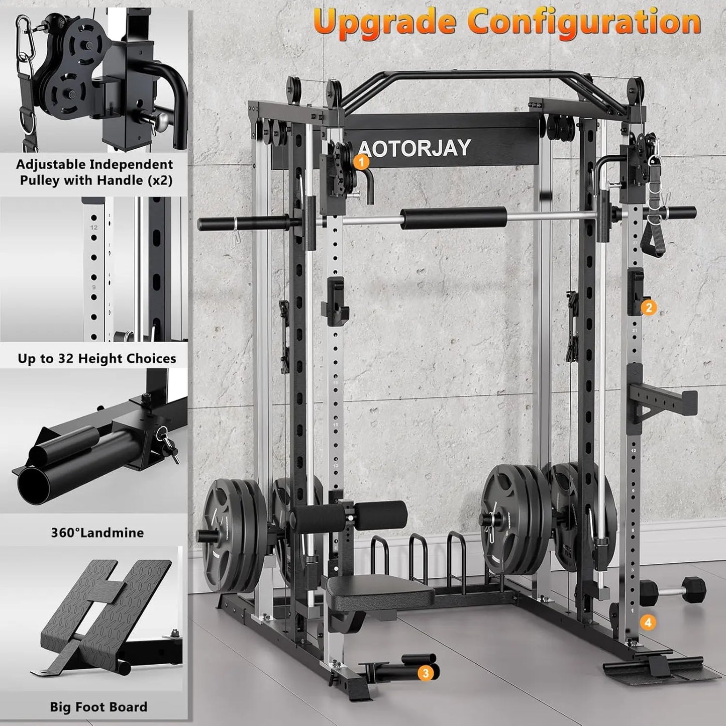 Sturdy Heavy-Duty Steel Smith Machine Power Cage - Adjustable Multifunctional Home Gym Station with LAT Pulldown System, Cable Crossover, Multifunctional Squat Rack, Squat Workout Machine, Strength Training Accessory for Full-Body Training, Workout Equipm