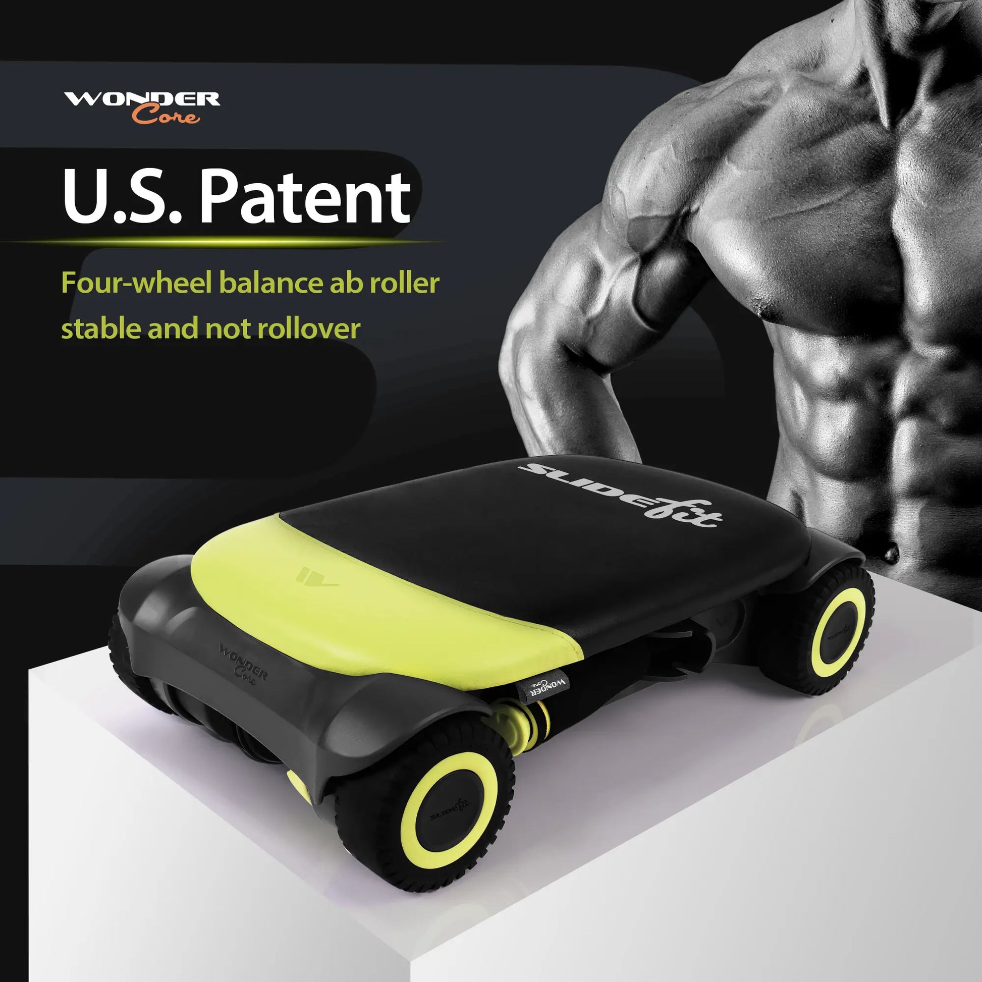Wonder Core Four-Wheel Ab Roller with Elbow Support and Automatic Rebound for Strong Abdominal Muscles - Adjustable Size