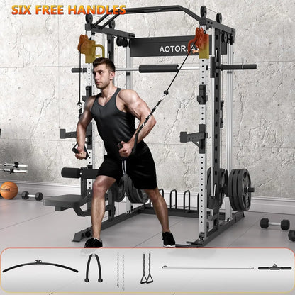 Sturdy Heavy-Duty Steel Smith Machine Power Cage - Adjustable Multifunctional Home Gym Station with LAT Pulldown System, Cable Crossover, Multifunctional Squat Rack, Squat Workout Machine, Strength Training Accessory for Full-Body Training, Workout Equipm