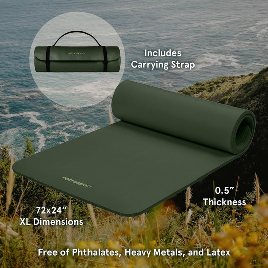 Retrospec Solana Yoga Mat Thick 1/2In Non-Slip Workout Mat with Nylon Strap - 72X24In Exercise Mat for Pilates, Stretching & Fitness - BPA Free, Easy Clean