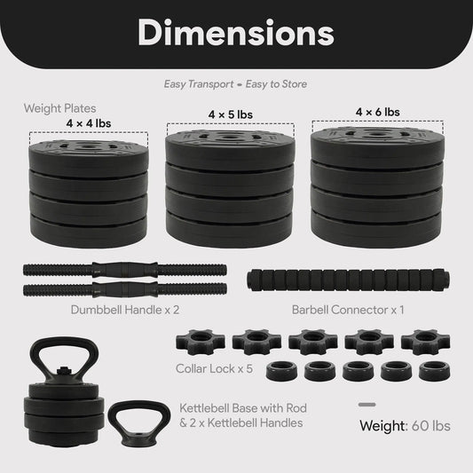 Fitvids 4 in 1 Adjustable Dumbbell Set, 60Lbs Free Weights Set with Connector