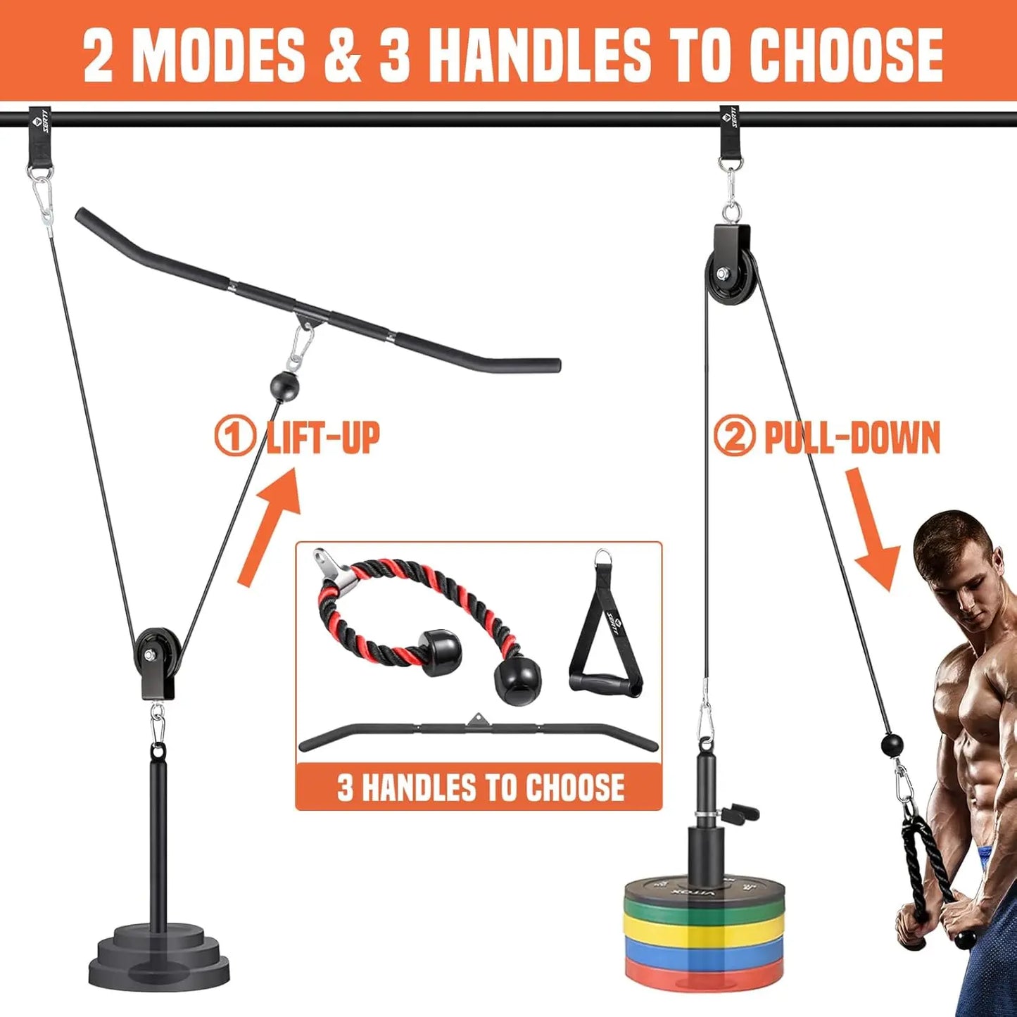 Pulley System Gym, Power Rack Pulley Attachment with 2-In-1 LAT Pull down Bar and Upgraded Loading Pin, for Triceps Pulldown, Biceps, ,