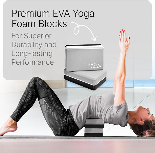 Yoga Blocks 2 Pack with Strap and Guide – Soft Non-Slip EVA Foam Blocks