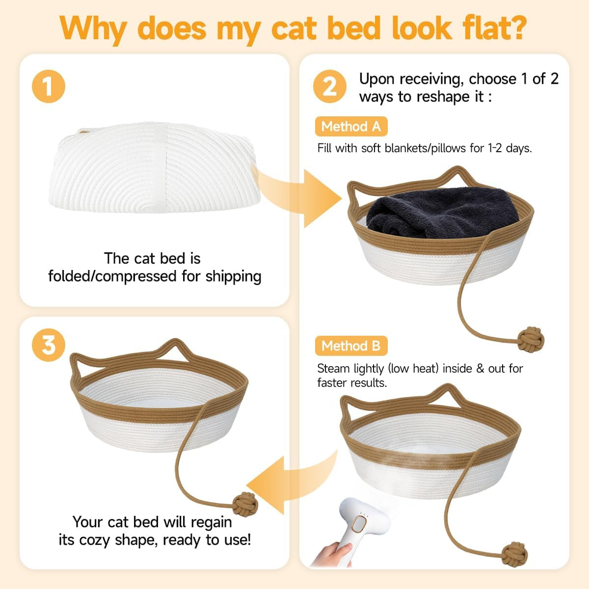 Cotton Rope Cat Bed, Foldable Sleeping Basket with Playing Rope Ball, Hand Woven Small Dogs Sofa Bed, Kitten Shaped House for Pets (Medium, Brown & Beige)