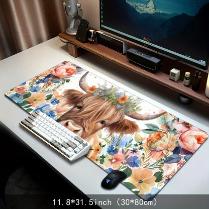 Cow & Floral Pattern Extended Mouse Pad, Extended Mousepad, Durable & Washable Mouse Pad, Large Gaming Mouse Mat with Non-Slip Rubber Base for Gamers, Office, Study, Desk Accessories