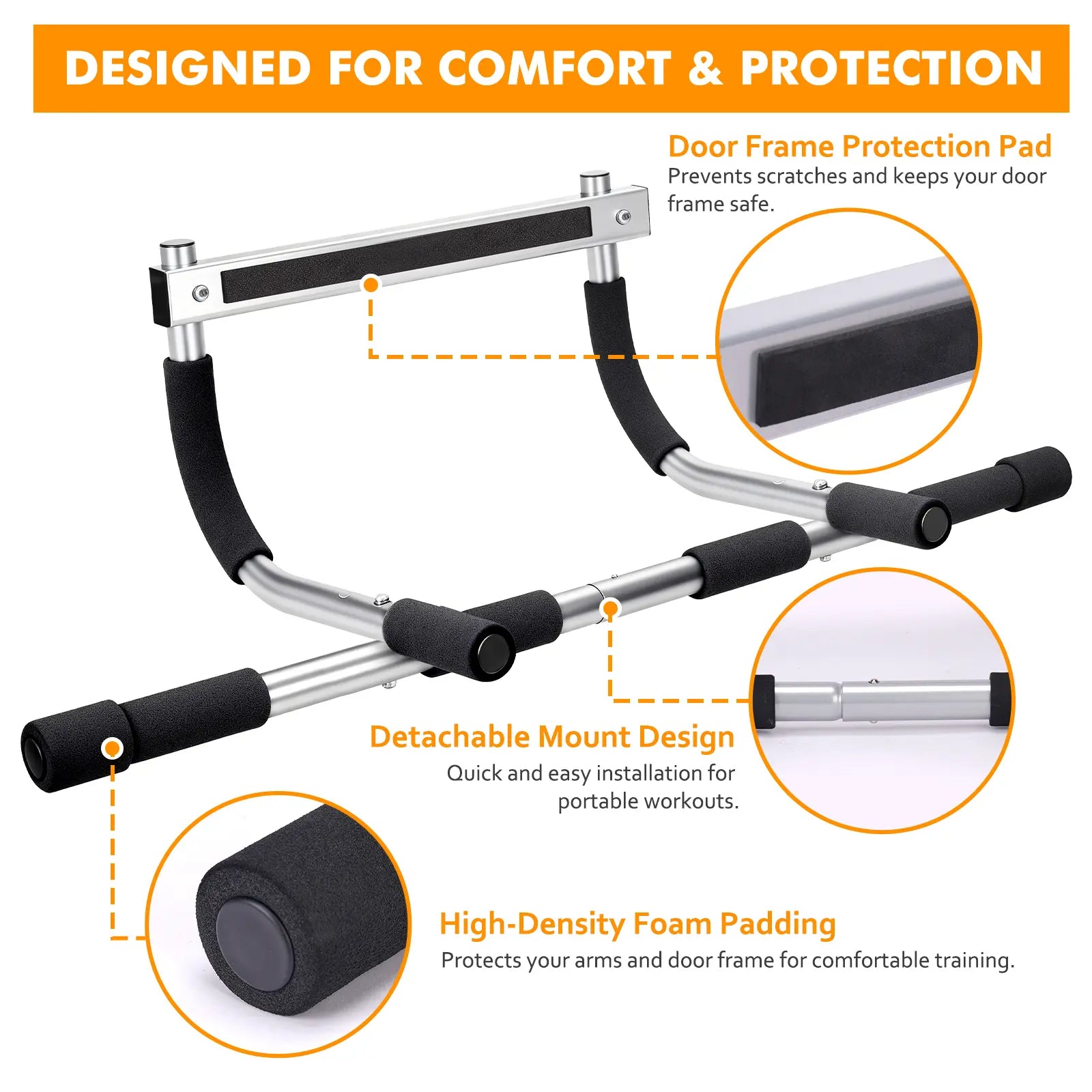 Pull up Bar for Doorway ,Thickened Steel Max Limit 440 Lbs Upper Body Fitness Workout Bar,Portable Strength Training Door Frame Pull-Up Bars,Door Workout Bar with Foam Grips for Home