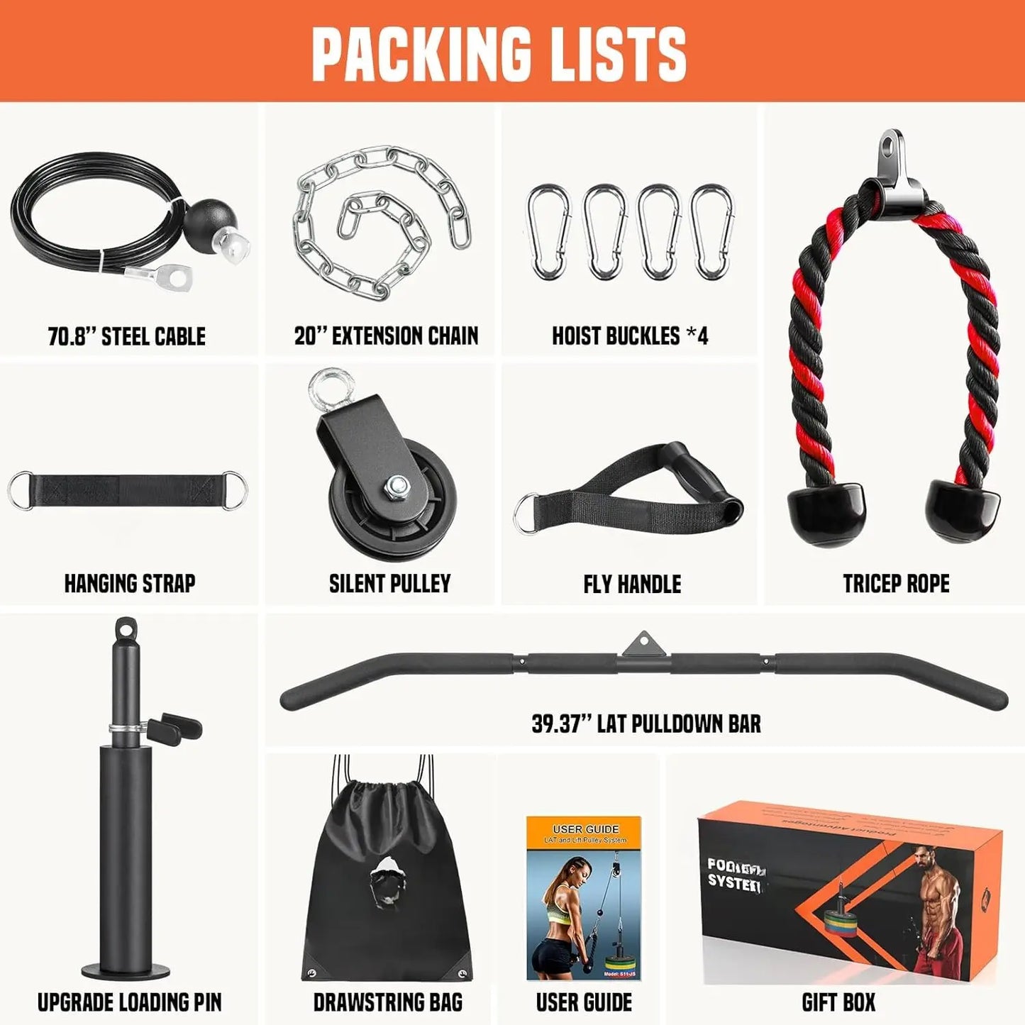 Pulley System Gym, Power Rack Pulley Attachment with 2-In-1 LAT Pull down Bar and Upgraded Loading Pin, for Triceps Pulldown, Biceps, ,