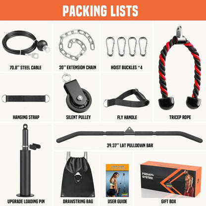 Pulley System Gym, Power Rack Pulley Attachment with 2-In-1 LAT Pull down Bar and Upgraded Loading Pin, for Triceps Pulldown, Biceps, ,
