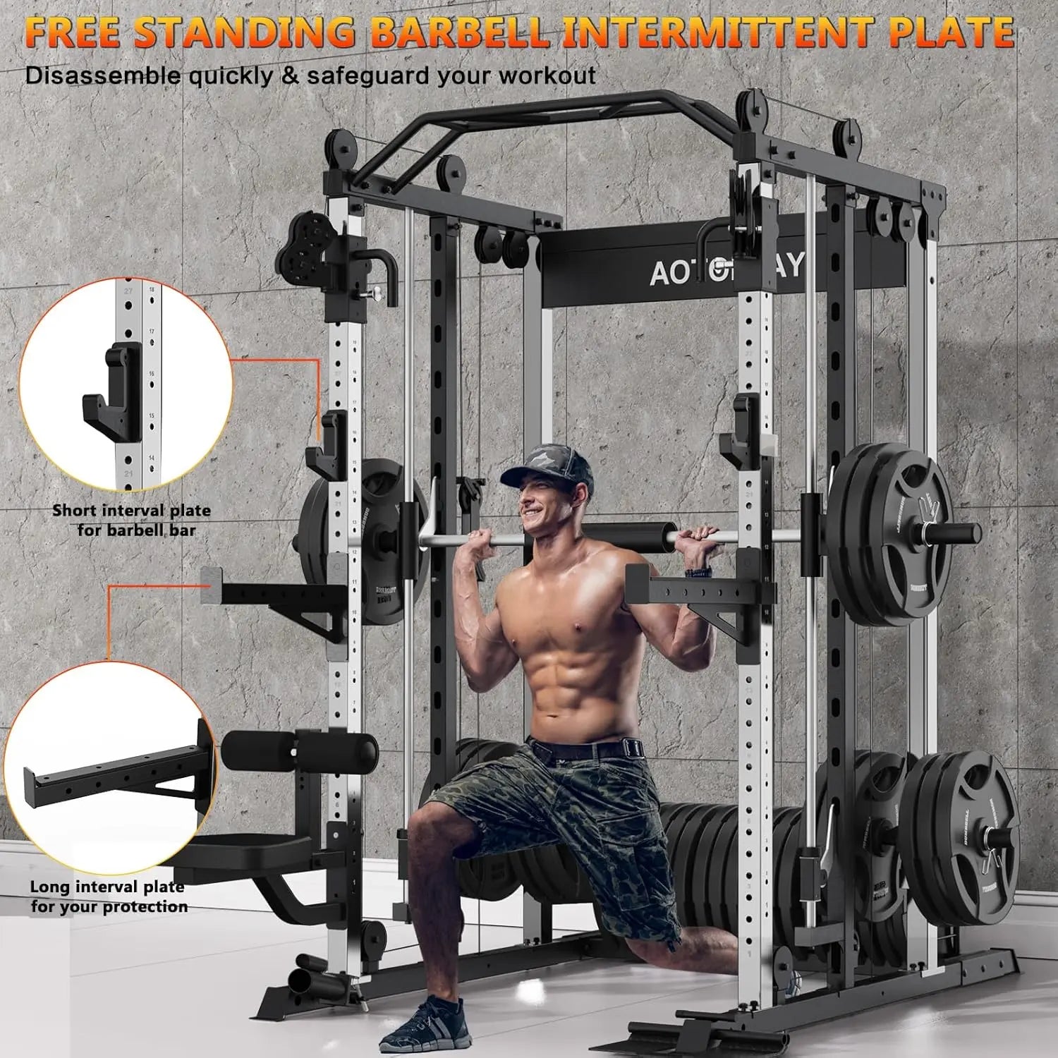 Sturdy Heavy-Duty Steel Smith Machine Power Cage - Adjustable Multifunctional Home Gym Station with LAT Pulldown System, Cable Crossover, Multifunctional Squat Rack, Squat Workout Machine, Strength Training Accessory for Full-Body Training, Workout Equipm