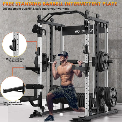 Sturdy Heavy-Duty Steel Smith Machine Power Cage - Adjustable Multifunctional Home Gym Station with LAT Pulldown System, Cable Crossover, Multifunctional Squat Rack, Squat Workout Machine, Strength Training Accessory for Full-Body Training, Workout Equipm