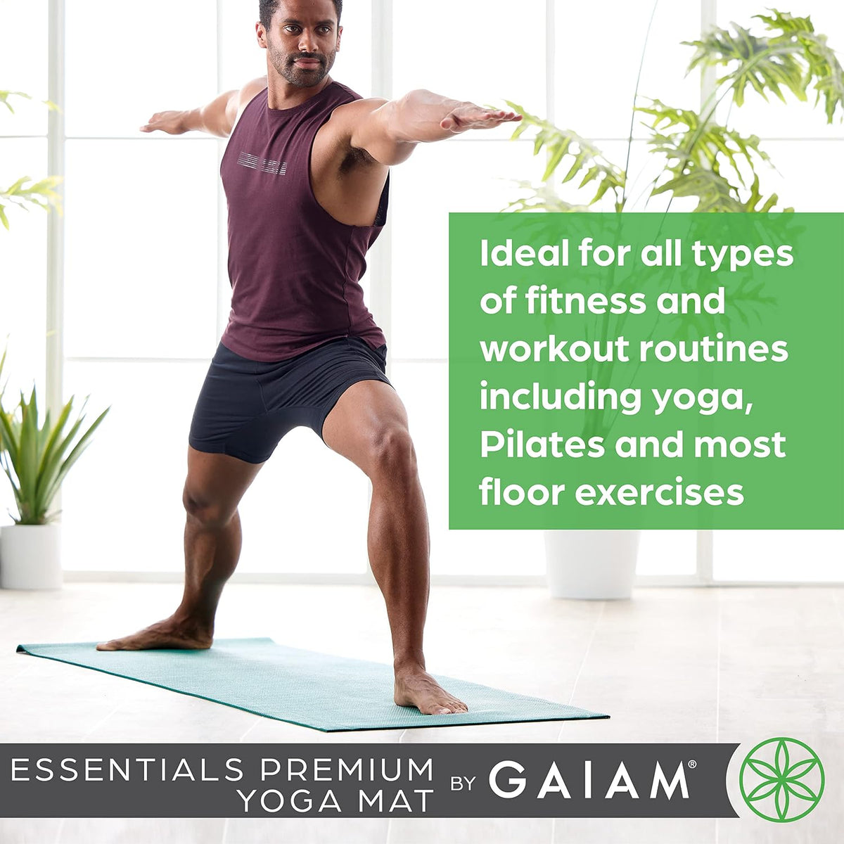 Gaiam Essentials 1/4" Thin (6Mm) Yoga & Pilates, Fitness & Exercise Mat with Easy-Cinch Carrier Strap Cusion Support for Fitness and Gym Workouts