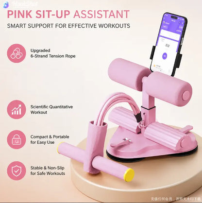 Pink Sit-Up Assistant Trainer with Resistance Bands, Phone Holder, Suction Cup - Home Abs Workout Stomach Equipment, Ab Equipment for Back Extension, Glute Hyperextension Glutes Ab Machine for Home Foam Roller Ab Roller Wheel Glutes Trainer