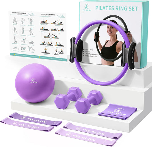 Pilates Ring Set - Studio-Grade Anti-Deformation Pilates Kit - Pilates Equipment for Home Workout - 14'' Pilates Ring, Pilates Ball, 2 Dumbbells, 5 Resistance Bands for Toning Arms, Thighs
