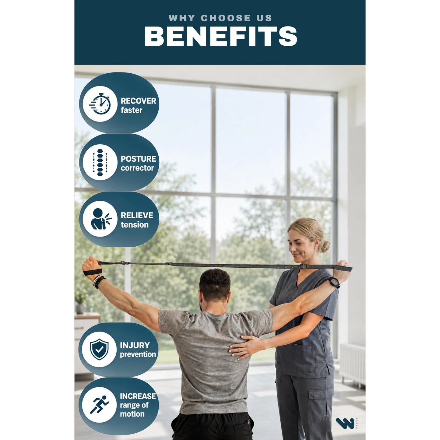 WALUE™ Posture Correction & Shoulder Exerciser – Non-Elastic Stretch Strap for Exercise, Yoga, Flexibility & Physical Therapy