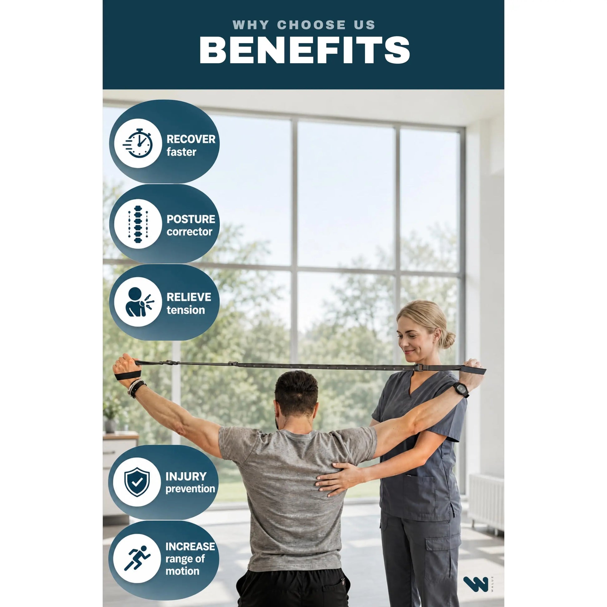 WALUE™ Posture Correction & Shoulder Exerciser – Non-Elastic Stretch Strap for Exercise, Yoga, Flexibility & Physical Therapy