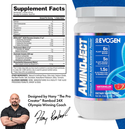 Aminoject Recovery Formula | Watermelon | 30 Servings | 6G Fermented Plant-Based Bcaas, 5G Glutamine, Electrolytes, Betaine and L-Citrulline for Hydration and Endurance