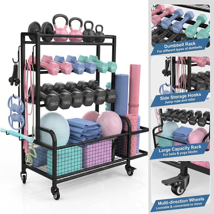 Dumbbell Rack,4-Tie Weight Rack for Dumbbells and Kettlebells, All-In-One Home Gym Storage Organizer with Wheels and Hooks, Steel Workout Equipment Storage for Yoga Mats and Exercise Balls, Black