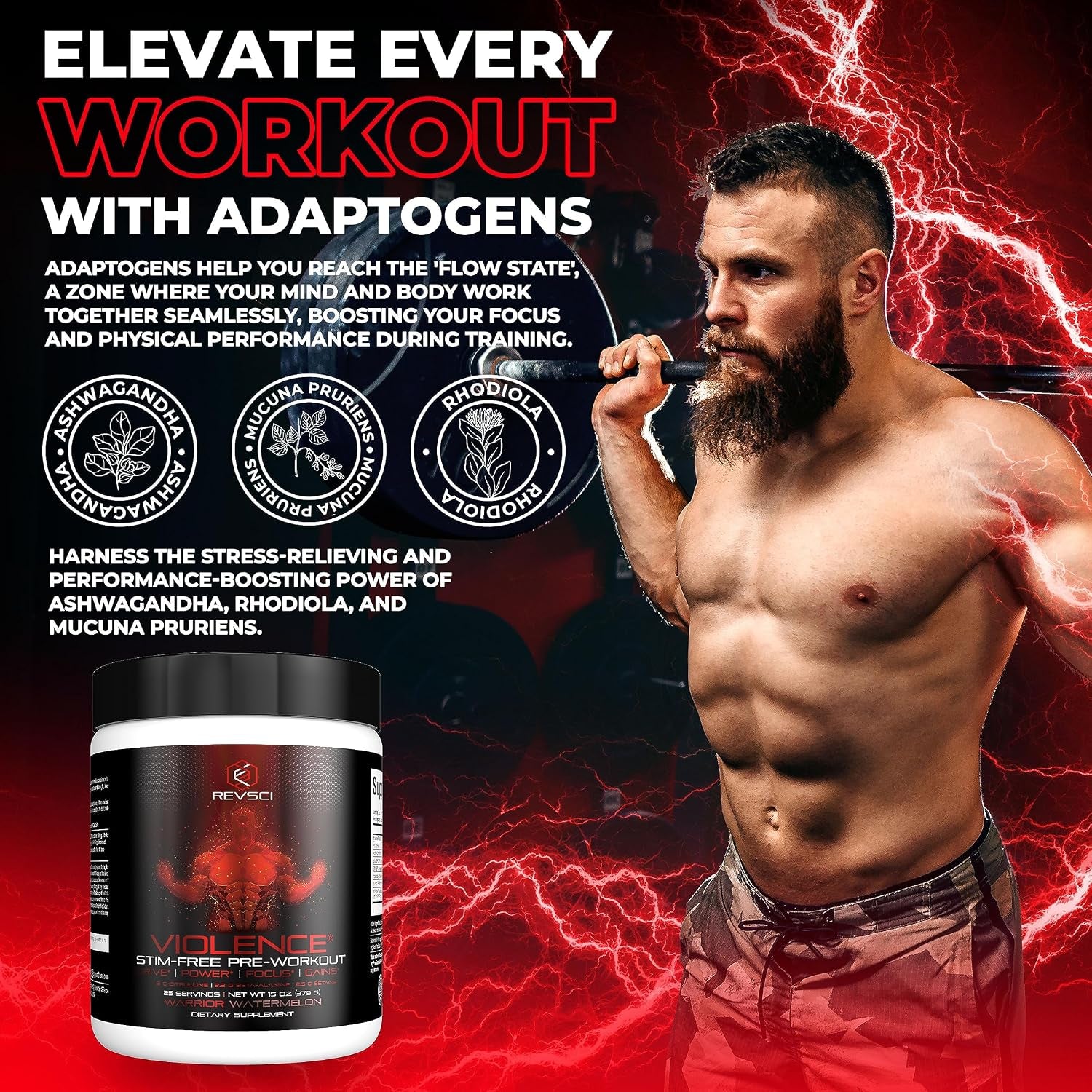 VIOLENCE Stim Free Pre Workout Powder by REVSCI, Precision Dosed Non Stim Preworkout Pump Pre Workout Caffeine Free Pre Workout Powder, Pump Supplement & Stimulant Free Nitric, Watermelon, 25 Servings