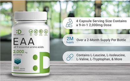 Essential Amino Acids Supplement EAA - 2000Mg All 9 - High Potency 300 Capsules