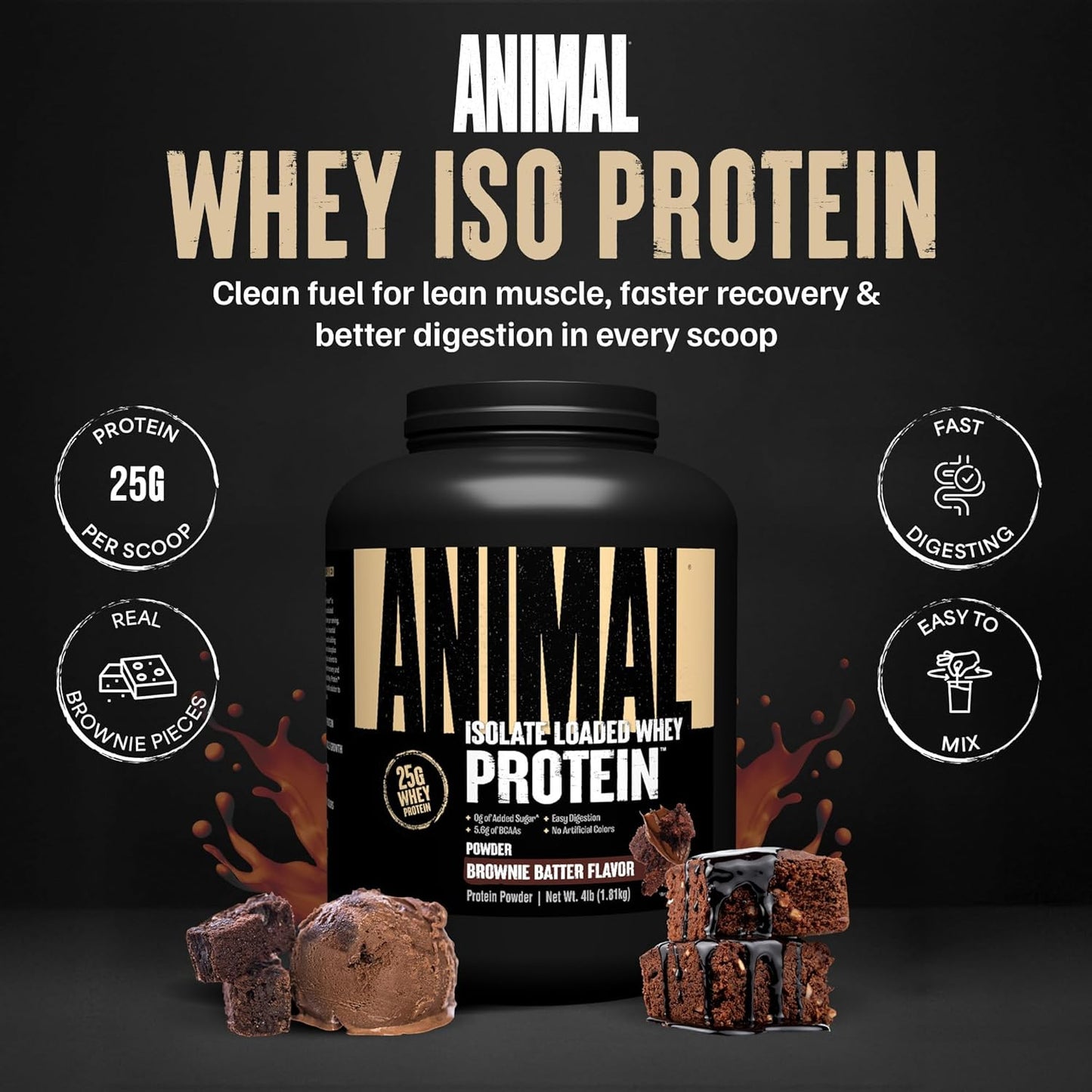Whey Isolate Protein Powder, 25G High Protein | Brownie Batter 4LB | Great Tasting Blend for Pre & Post Workout | Digestive Enzymes & 5.6G Bcaas | Build Strength, Lean Muscle & Recover Faster