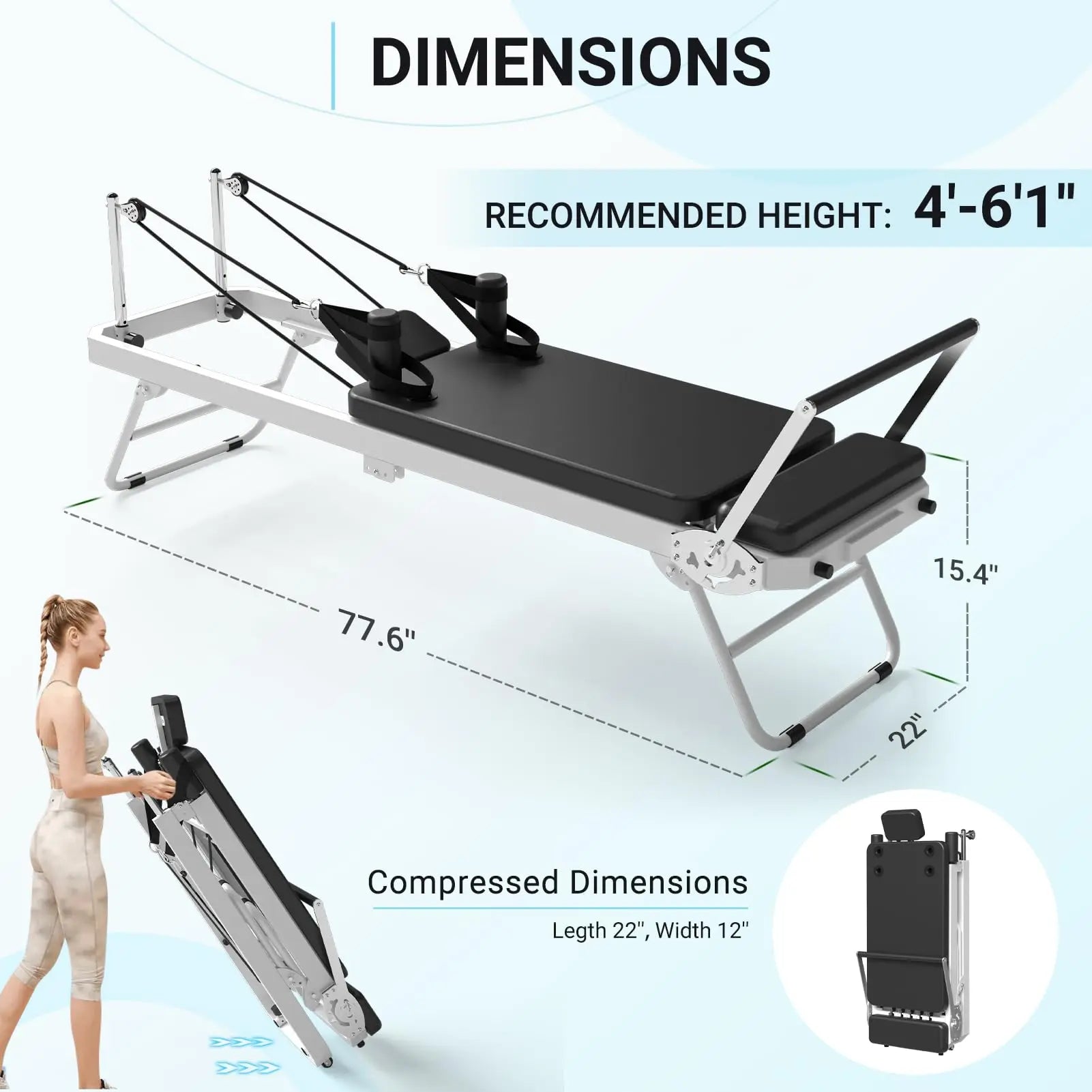 PAETA Pilates Reformer, Foldable Reformer Pilates Machine for Home Use, with Dual Resistance- Springs and Cords, Pilates Equipment for Home Workouts with Jump Board, up to 400 LBS Adjustable Elastic Band