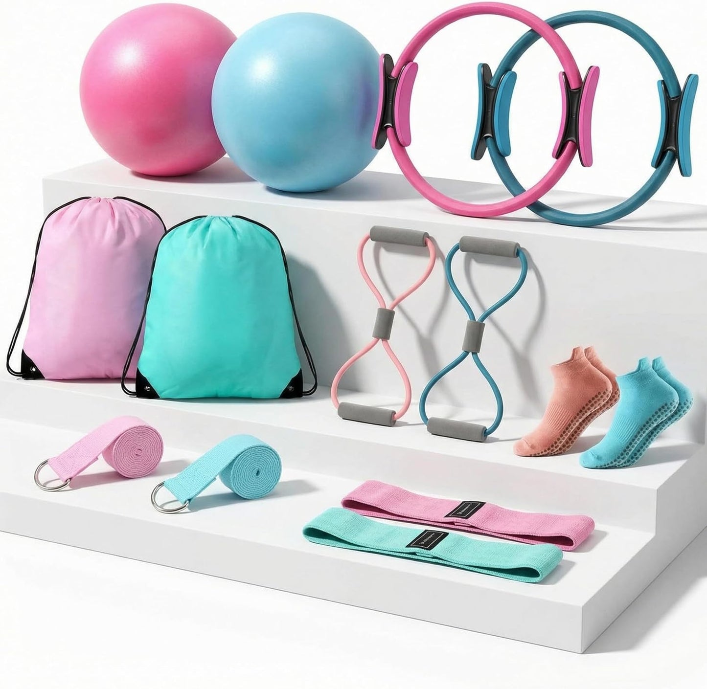 Pilates Equipment Kit for Home Workout Pilates Ring and Ball Set for Women 12'' Circle Yoga Fitness Essentials Kit with Resistance Bands, Yoga Strap, Socks,Bag