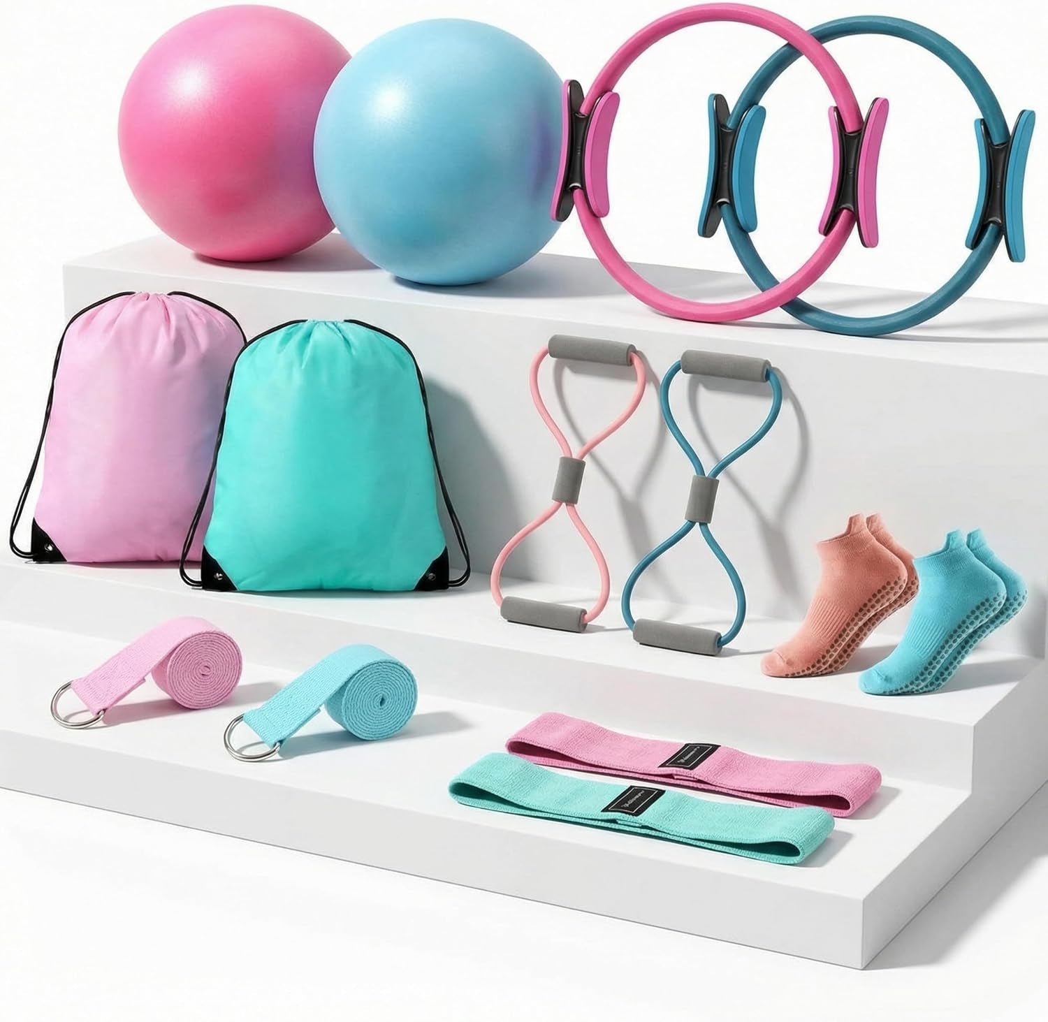 Pilates Equipment Kit for Home Workout Pilates Ring and Ball Set for Women 12'' Circle Yoga Fitness Essentials Kit with Resistance Bands, Yoga Strap, Socks,Bag