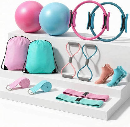 Pilates Equipment Kit for Home Workout Pilates Ring and Ball Set for Women 12'' Circle Yoga Fitness Essentials Kit with Resistance Bands, Yoga Strap, Socks,Bag