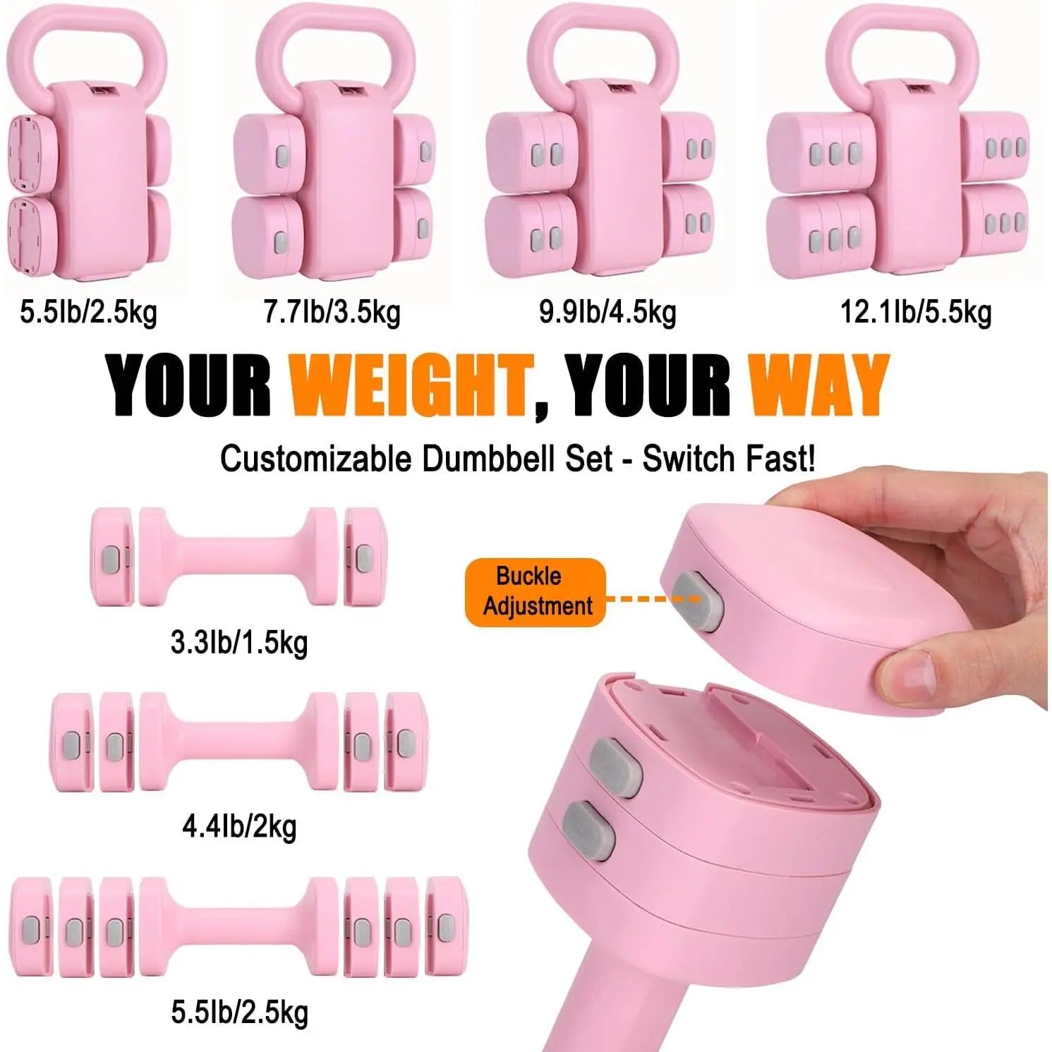 Adjustable Dumbbell Set of 2, 4 in 1 Free Weights Dumbbells Set for Women with Adjustment, Each 2Lb 3Lb 4Lb 5Lb Hand Weights Set for Gym Exercise
