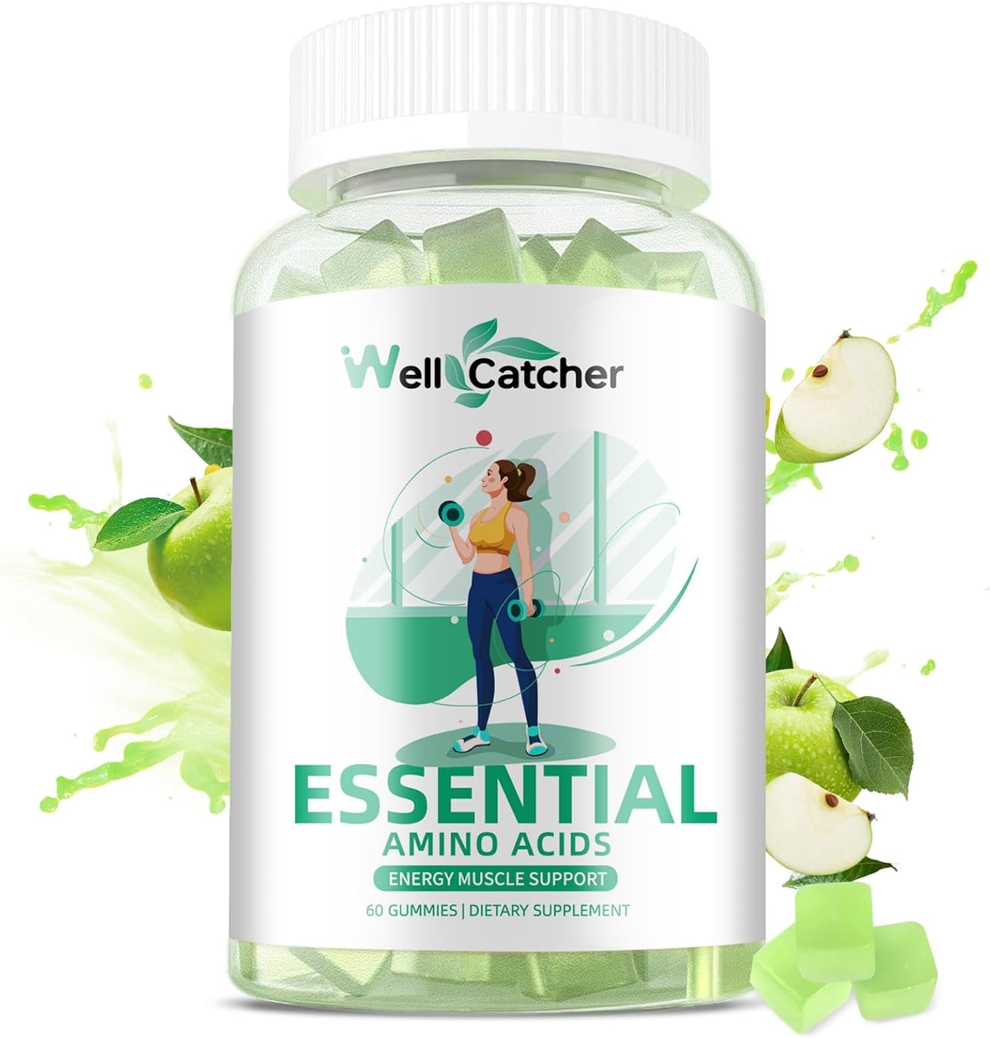 EAA Gummies Essential Amino Acids - All 9 Essential Aminos and All Branched-Chain Aminos (Bcaas) with Muscle Recovery, Energy Support Sugar Free Green Apple Flavor 30 Servings