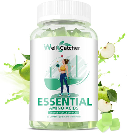 EAA Gummies Essential Amino Acids - All 9 Essential Aminos and All Branched-Chain Aminos (Bcaas) with Muscle Recovery, Energy Support Sugar Free Green Apple Flavor 30 Servings