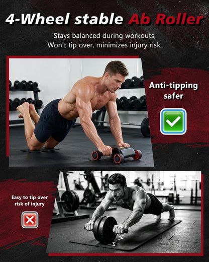 Ab Roller Wheel, Ab Roller, Upgraded Automatic Rebound Ab Roller with Elbow Support, Knee Mat & Timer, 4 Wheels Ab Workout Equipment for Core Strength Training, Silent Ab Wheel for Beginners Men Women Home Gym Fitness