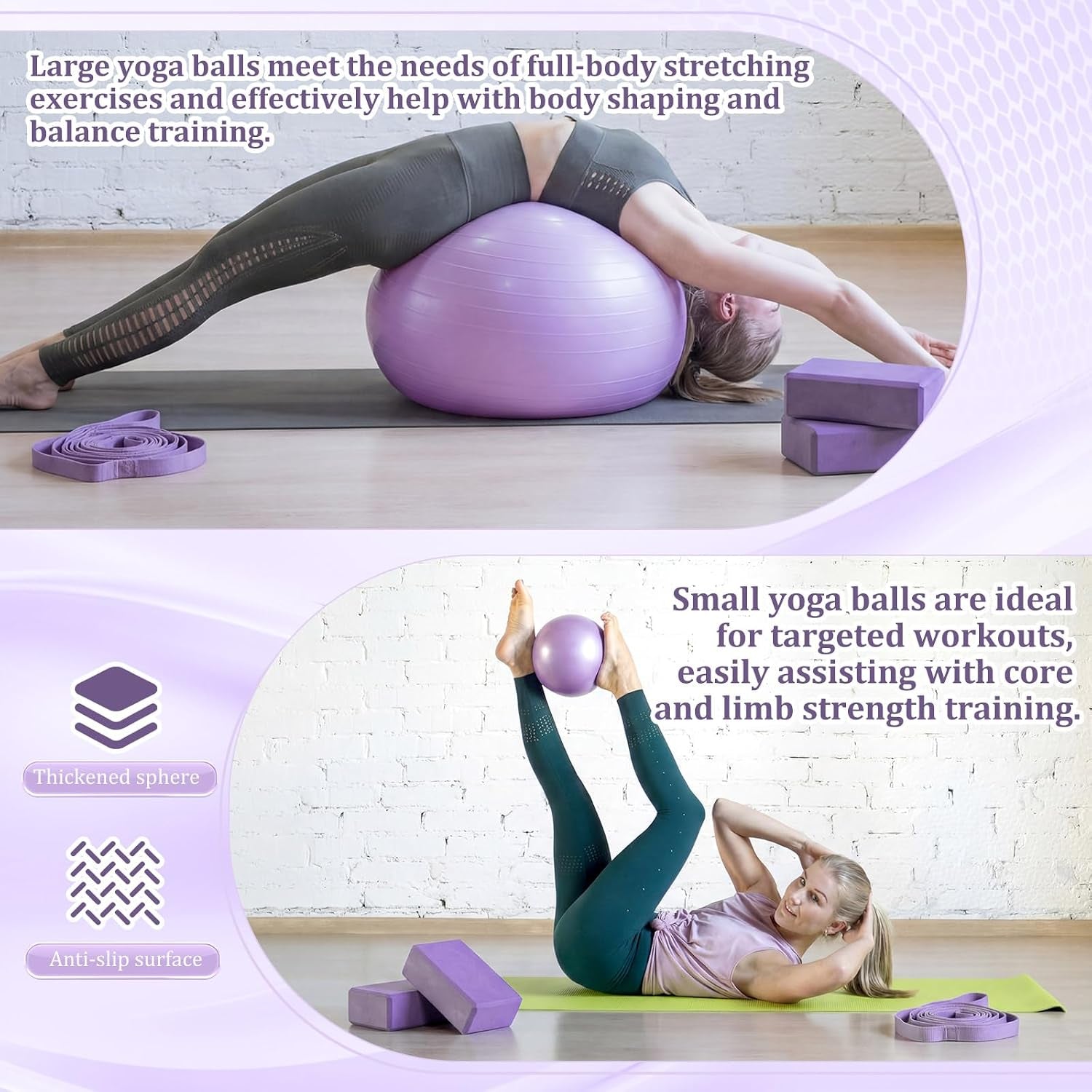 6-In-1 Yoga Balls and Yoga Block Set with Strap Foot Pump, Exercise Pregnancy Balls for Birthing, Pilates Kit Fitness Physical Therapy Home Gym Workout Equipment