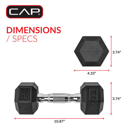 Barbell, 12Lb Coated Rubber Hex Dumbbell, Pair (No-Roll Design, Ergonomic Steel Handle, Durable Coated Weight)