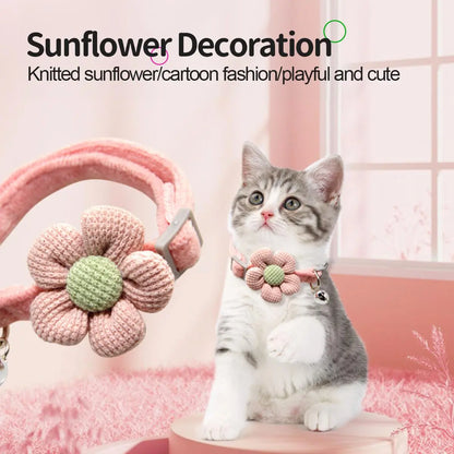 Cute Flower Design Knit Embroidery Pet Collar, Trendy Pet Collar with Bell Feature for Dogs & Cat, Adorable Fashionable Dog & Cat Collar for Pet Decoration