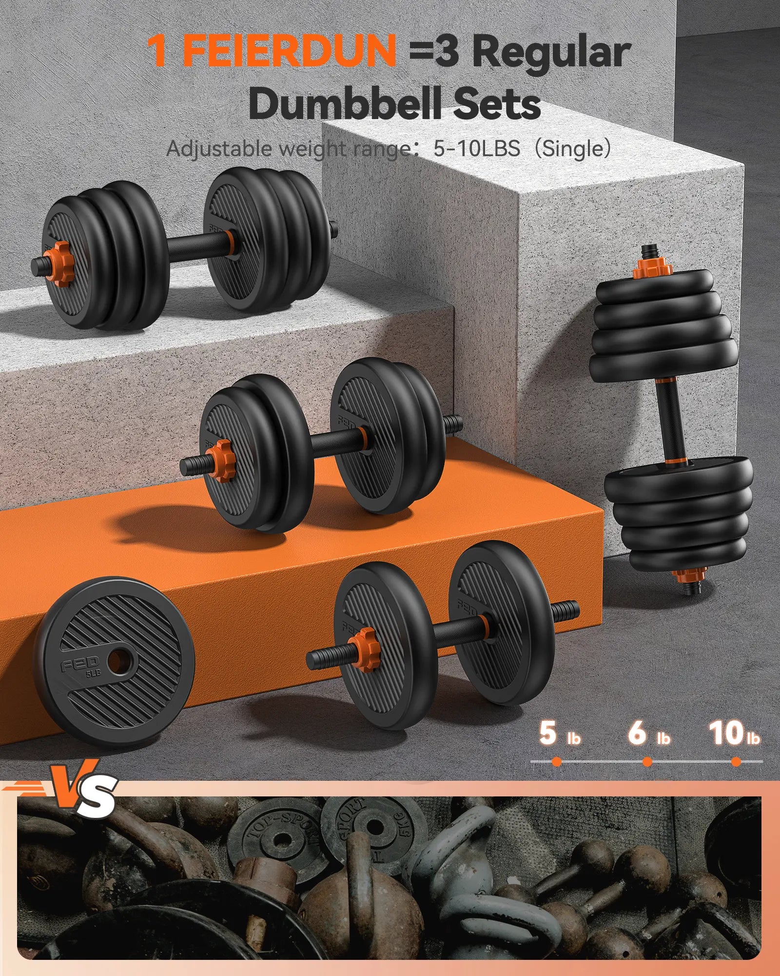 FED Fitness Feierdun Series DS2 Dumbbell Set 20/45/70/90Lbs, 5-In-1 Free Weights with Connector, Convert to Barbell/Kettlebell/Push-Up Stand, Home Gym Equipment for Men & Women