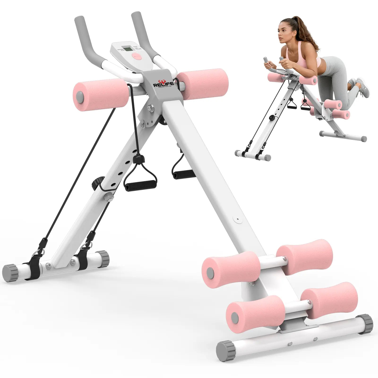 RELIFE REBUILD YOUR LIFE Abs Workout Machine, Pink Foldable Exercise Equipment, Alloy Steel Abdominal Cruncher with 2 Incline Levels for at Home Workouts, Home Gym, at Home Gym Equipment Tiktokshopbacktoschool