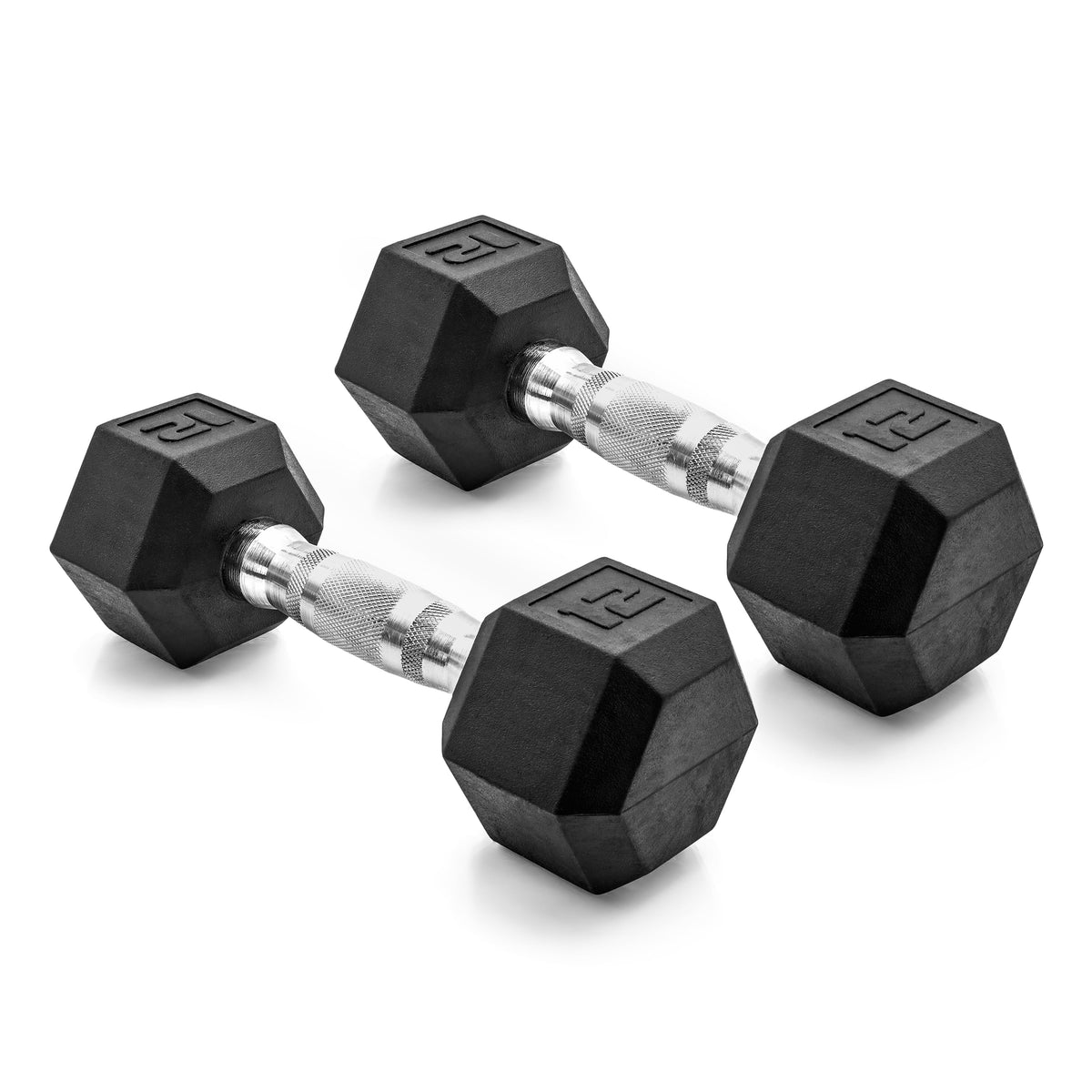 Barbell, 12Lb Coated Rubber Hex Dumbbell, Pair (No-Roll Design, Ergonomic Steel Handle, Durable Coated Weight)