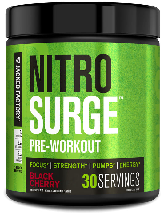 NITROSURGE Pre Workout Supplement - Endless Energy, Instant Strength Gains, Clear Focus and Intense Pumps - NO Booster & Powerful Preworkout Energy Powder - 30 Servings, Black Cherry