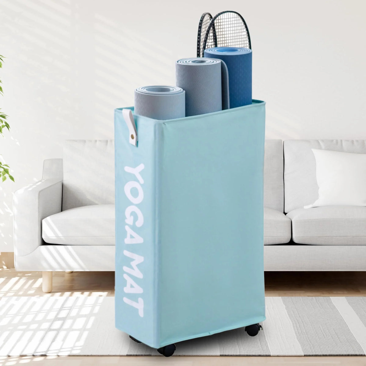 Yoga Mat Storage Rack, 27’’ Large Yoga Mat Holder Accessories, Home Gym Equipment Storage Yoga Mats, Workout Equipment Organization with Wheels, White