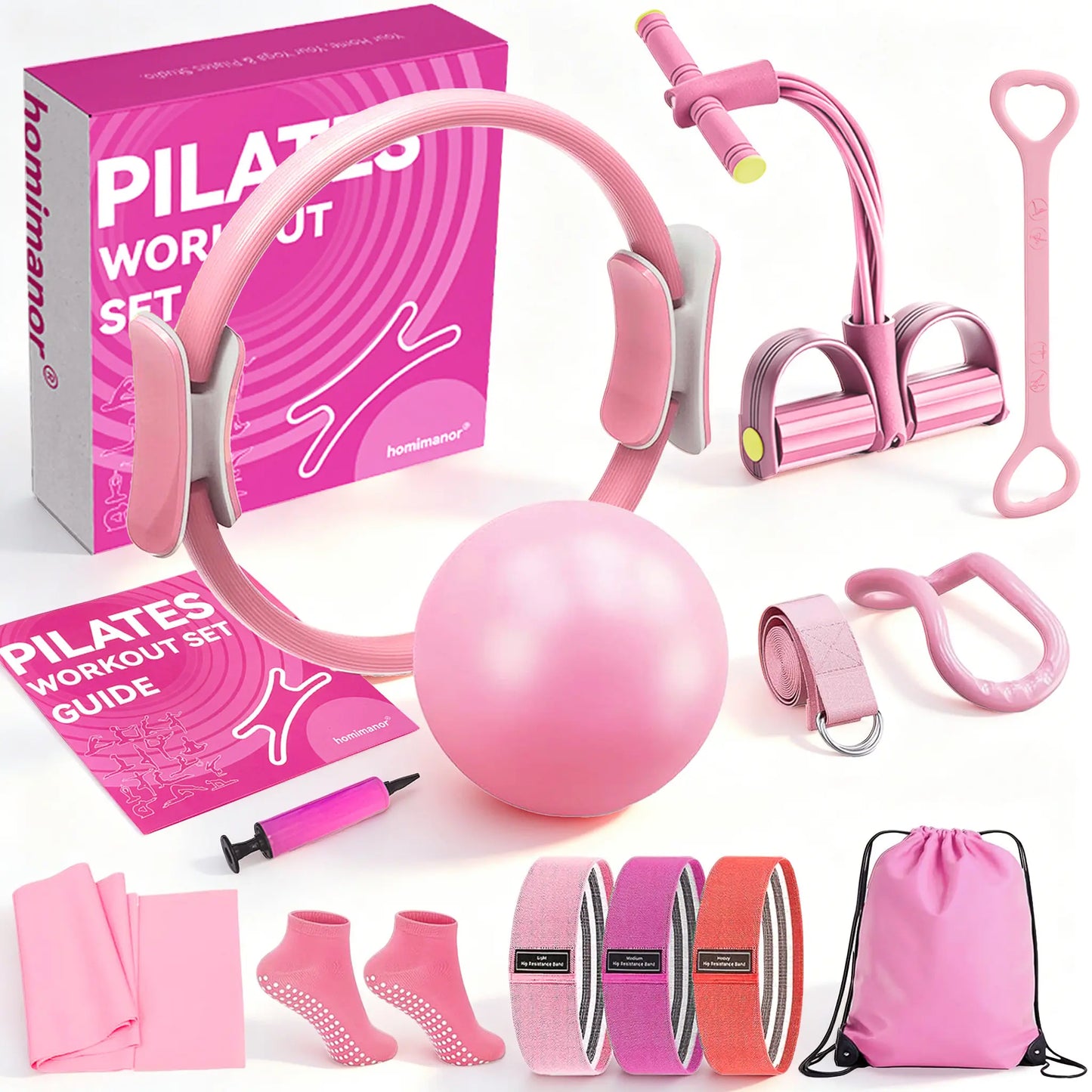 Homimanor Pilates Ring Set for Women Home Workout, Pilates Equipment Set for Beginners with 15'' Magic Circle, 9.8" Yoga Ball and Resistance Bands, Pilates Kit for Full Body Toning,Camping Essentials