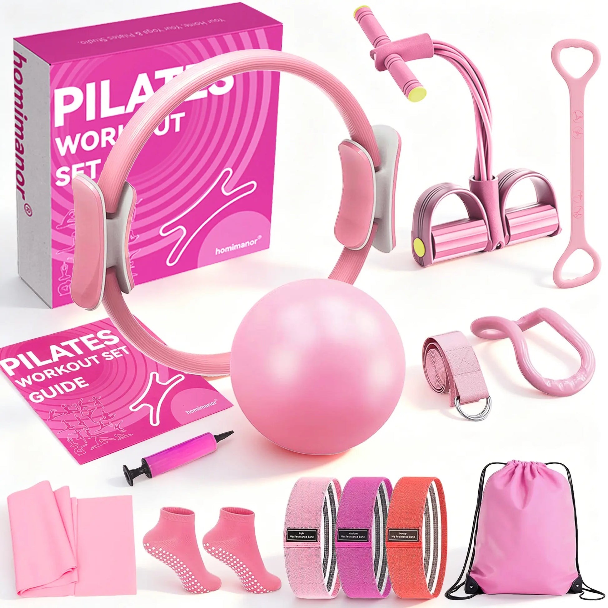 Homimanor Pilates Ring Set for Women Home Workout, Pilates Equipment Set for Beginners with 15'' Magic Circle, 9.8" Yoga Ball and Resistance Bands, Pilates Kit for Full Body Toning,Camping Essentials