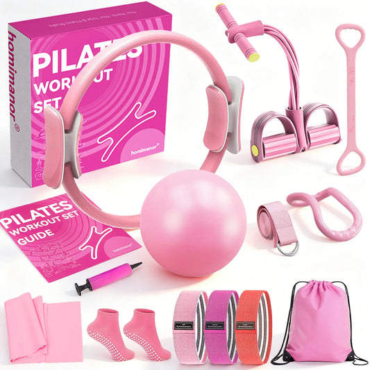 Homimanor Pilates Ring Set for Women Home Workout, Pilates Equipment Set for Beginners with 15'' Magic Circle, 9.8" Yoga Ball and Resistance Bands, Pilates Kit for Full Body Toning,Camping Essentials