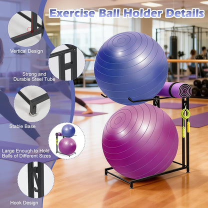 Exercise Ball Holder Stability Ball Rack with Hooks Space-Saving Medicine Ball Rack Garage Stability Ball Organizer Stand Home Gym Organizer and Storage Rack for Resistance Bands and Equipment